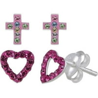 Kristalno ružičasto srce za djevojčice i multi-color cross Stud Naušnice Set