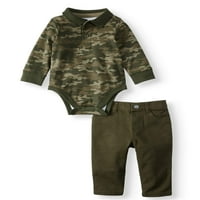 Garanimals Baby Boys Polo bodi sa dugim rukavima i čvrste uske pantalone, 2-dijelni komplet odjeće