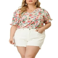 Unique Bargains ženski Plus bluza V izrez rukav sa volanima cvjetni Top