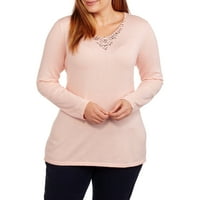 Ženski džemper s V izrezom ukrašen draguljem Plus veličine