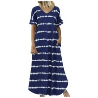 Entyinea Ljetne haljine za žensku modnu casual crew vrat kratkih rukava Stripe Haljina plava XL