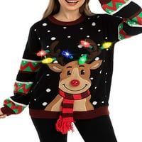3D ružni božićni džemperi za žene smiješne LED svjetlo jelena ispisa prstiju dugi rukavi pleteni džemper