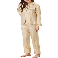Unique Bargains ženska Noćna Odjeća sa pantalonama Lounge saten Button Down pidžama Setovi odjeće za spavanje