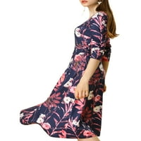 Unique Bargains Ženska haljina Midi A kroja sa Plisiranim strukom sa cvjetnim V izrezom
