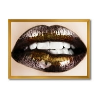 Designart' Gold Black Lips Grize ' Moderni Uokvireni Umjetnički Print