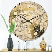 Designart 'Golden Tropical Leaves Pattern I' Mid-Century Modern Wood Wall Clock