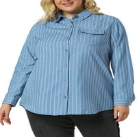 Unique Bargains ženska Plus Veličina džepa na grudima Dugi rukav Denim Chambray Shirt