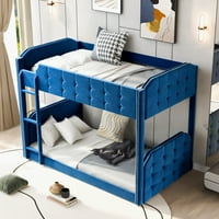 Twin over Twin tapacirani krevet na sprat, sa dugmadima za spavaću sobu, plava