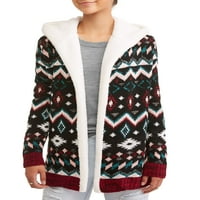 No Boundaries ' tribal printed hooded sherpa fleece lined open front cardigan