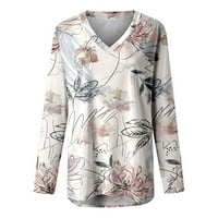 Majice s dugim rukavima za žene Ležerne prilike sa labavim majicom V izrez cvijet od tiskanog gornjeg majica