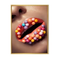 Designart 'Close Up of Creative Make up on Woman Lips With Lolipops' modern Framedred Canvas Wall Art Print