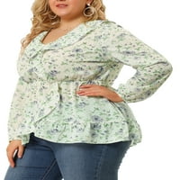 Unique Bargains ženske Plus Tops ruffle V izrez šifon cvjetne bluze