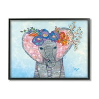 Stupell Industries Baby Elephant & Mouse ukrašeni cvijet cvjetovi kolaž slika Crni uokvireni Art Print zid