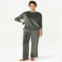 Joyspun ženski rebrasti velur gornji dio i pantalone pidžama Set sa prevelikom gumicom, 3 komada, veličine