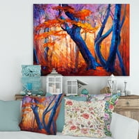 Sažetak plave siluete drveća u narančastom jeseni šumsko slikanje platno Art Print