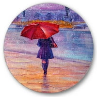 Designart 'djevojka koja hoda sa crvenim kišobranom pod kišom' francuski Country Circle metalni zid Art-disk