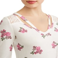 No Boundaries ' floral printed lace yoke cage Long sleeve t-shirt