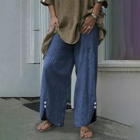 Ženske plus veličine posteljine široke hlače za noge casual elastična struka Split Dugme Dno palazzo pantalone