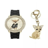 Jessica Carlyle ljubitelji ženskih pasa crni Metal analogni sat sa Swarovski kristali Chihuahua privjesak