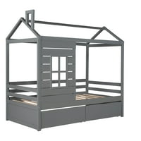 Kućni krevet dvostruke veličine, krevet od drvene platforme sa prozorom i dvije ladice za odlaganje, siva